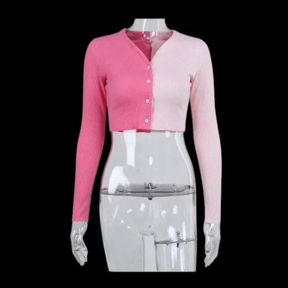 NWT Boofeenaa Patchwork Knit Button Front Crop Top Two Tone Pink - Picture 2 of 3